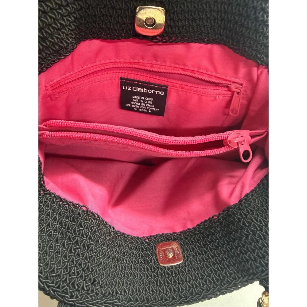 Liz Claiborne Black Woven Bamboo Handle Satchel Tote Handbag Pink Lining